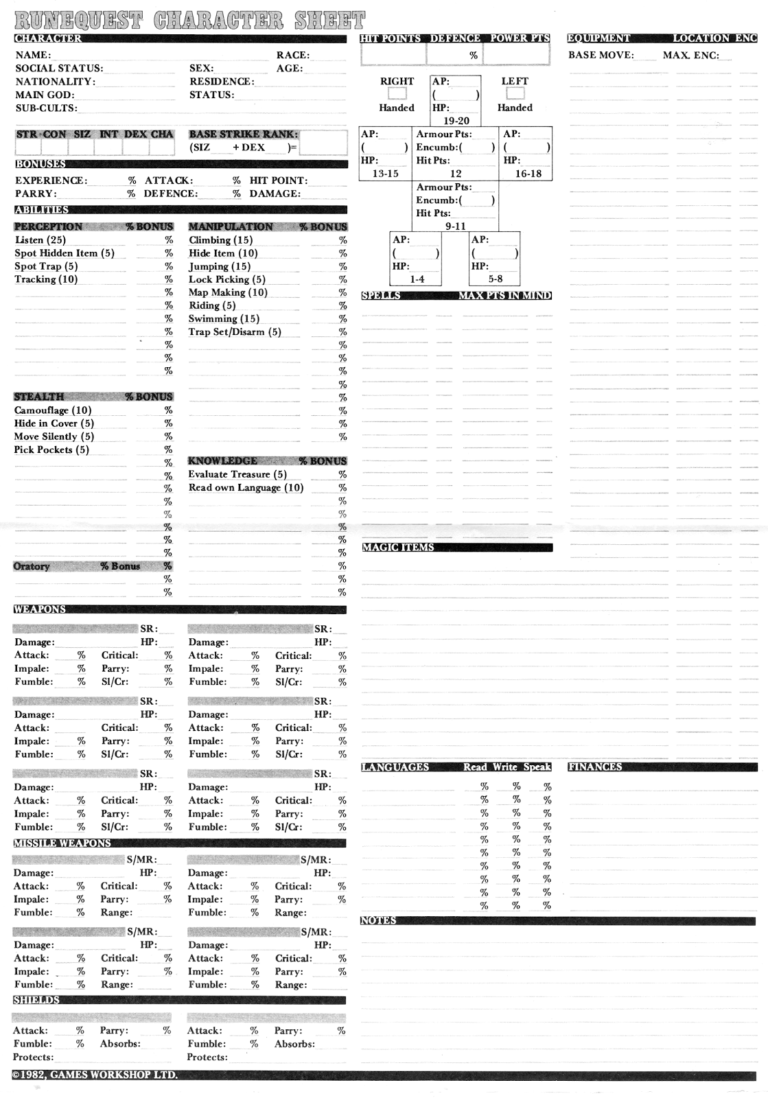 GW03211 RuneQuest Character Sheets (1982) – The Well of Daliath